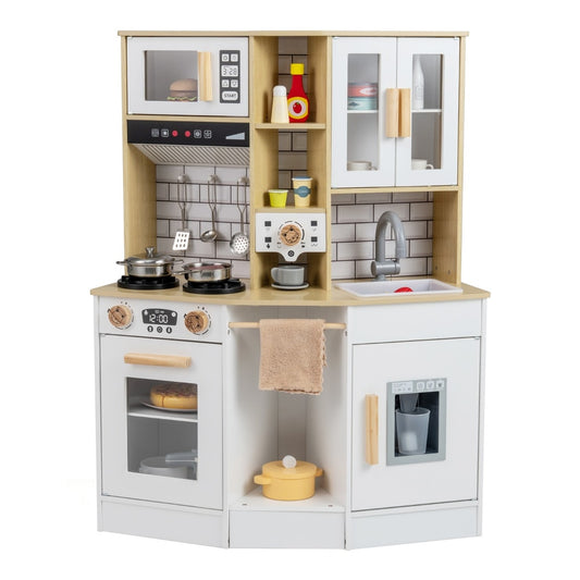 Wooden Kitchen Playset with oven, microwave, hob, sink and fridge, in natural wood and white finish