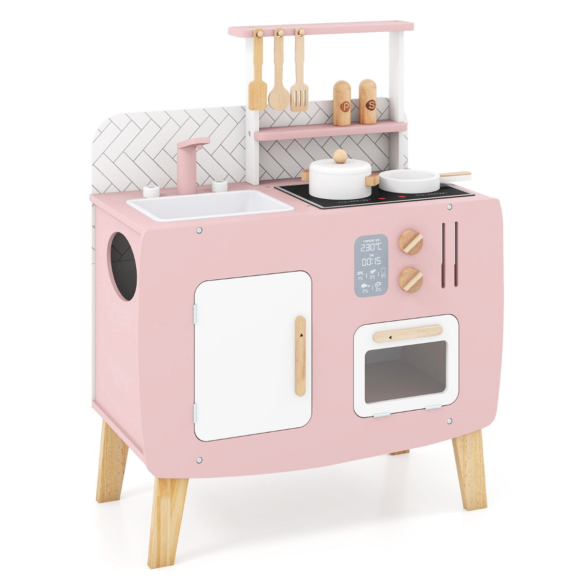 Wooden Kitchen Playset with Stoves and Cookware Accessories on a plain white background