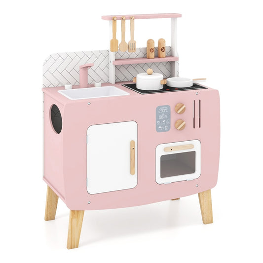 Wooden Kitchen Playset with Stoves and Cookware Accessories on a plain white background