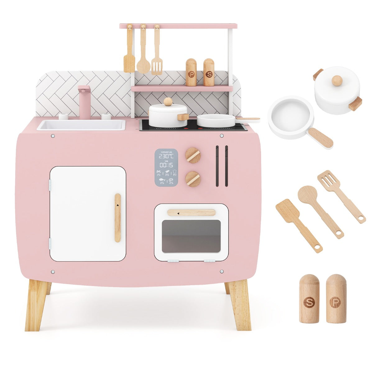 The play kitchen set shown alongside its included wooden pots and kitchen utensils