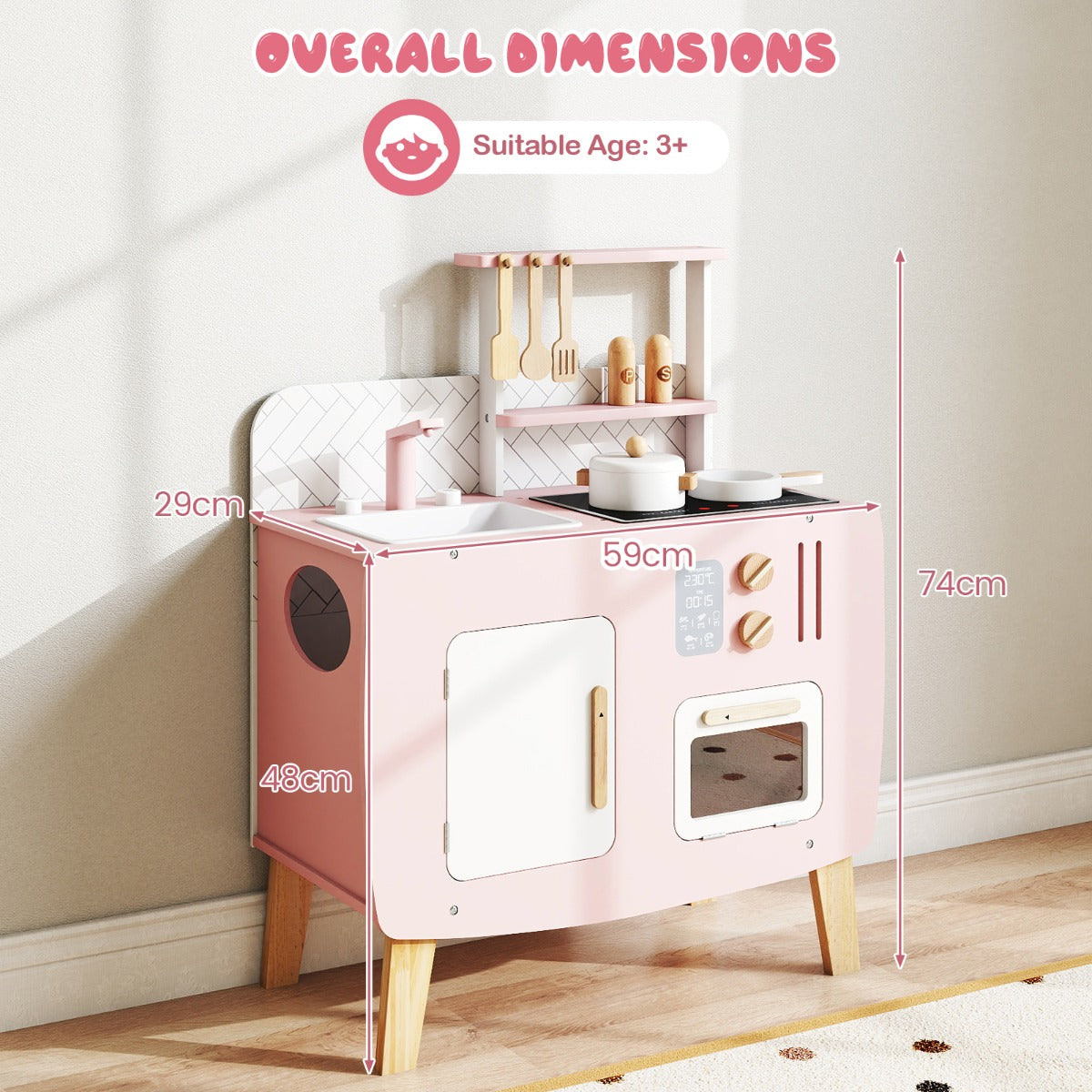 The play kitchen set with red arrows and text indicating its overall height and width