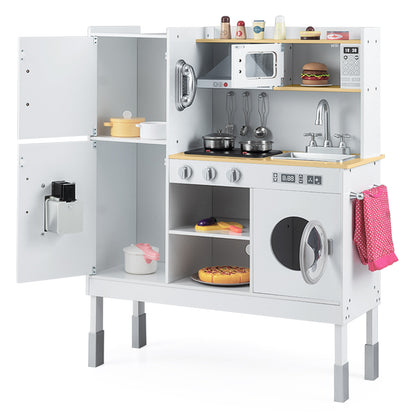 The play kitchen set with the tall cupboard door open to reveal internal storage space