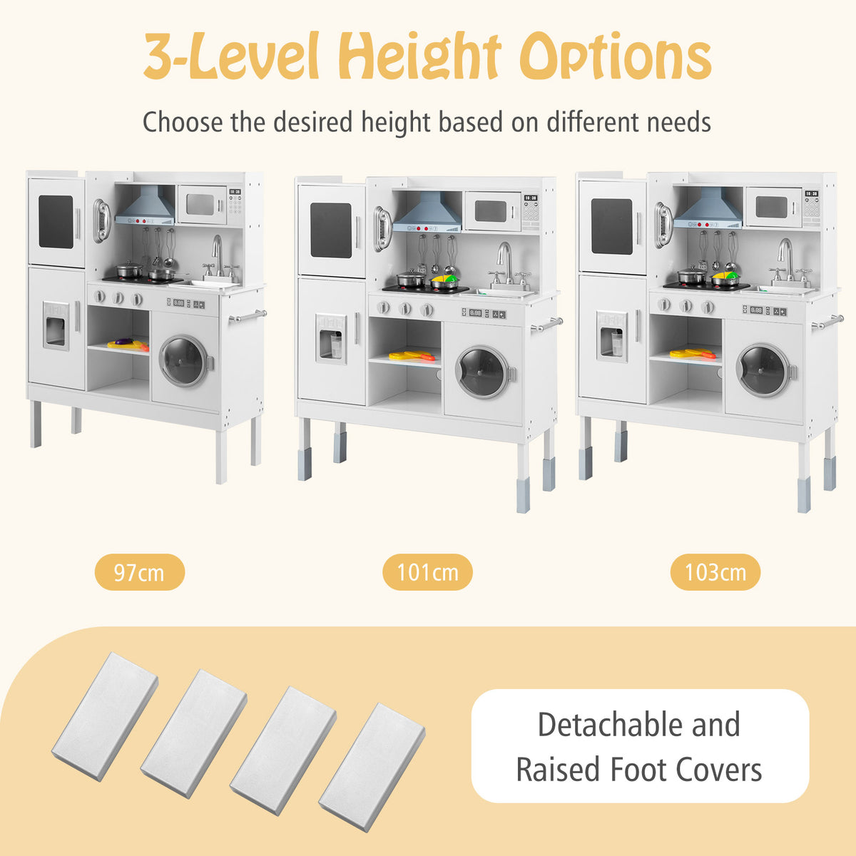 The play kitchen set showing three different height configurations with foot covers