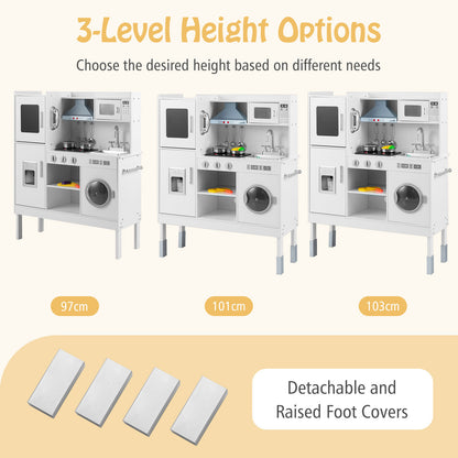 The play kitchen set showing three different height configurations with foot covers