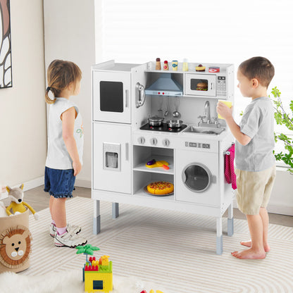 The play kitchen set being used by two children in a bright living room setting