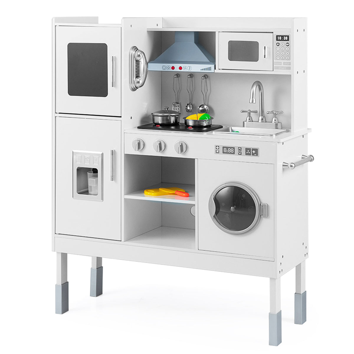 Wooden Kitchen Toy Set featuring a hob, sink, microwave, and washing machine in white finish