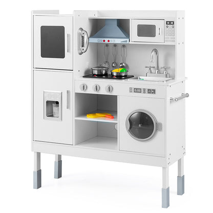 Wooden Kitchen Toy Set featuring a hob, sink, microwave, and washing machine in white finish