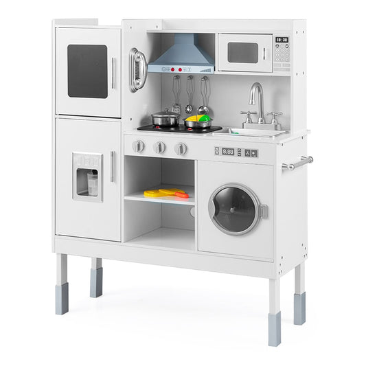 Wooden Kitchen Toy Set featuring a hob, sink, microwave, and washing machine in white finish