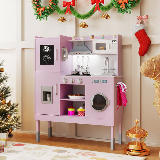 The play kitchen set placed in a festive room decorated with Christmas garlands and stockings