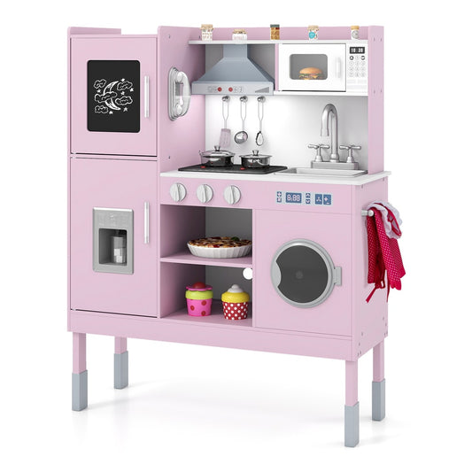 Wooden Kitchen Toy Set featuring a pink play unit with accessories and a chalkboard door