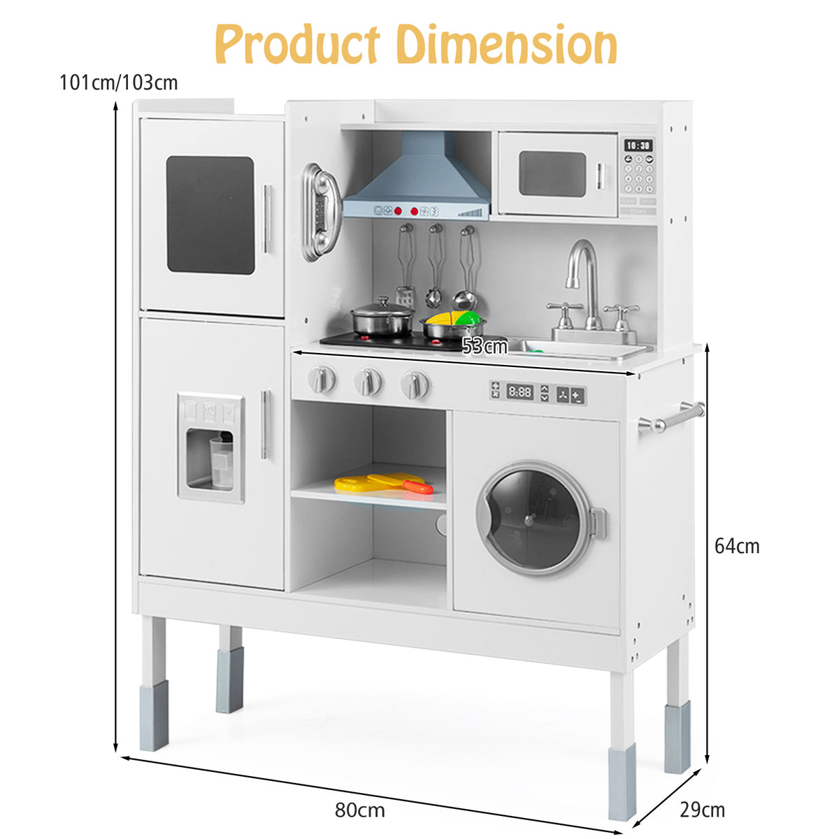 The play kitchen set shown with arrows and labels indicating its overall dimensions
