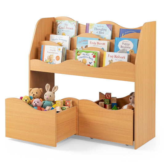 Wooden Montessori Bookshelf with two rolling drawers filled with toys and books