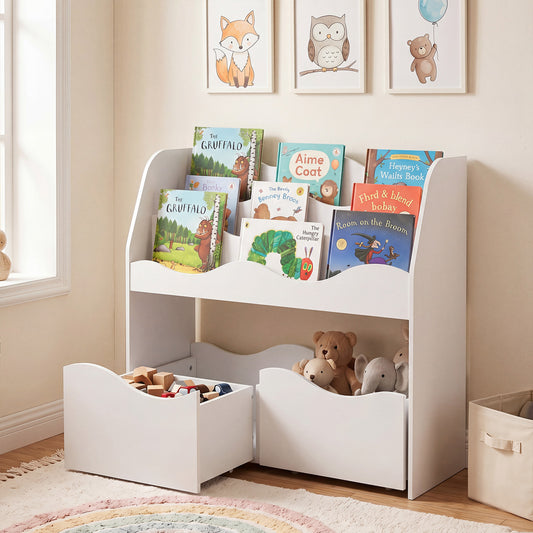 Kids storage bookshelf with books and toys in a nursery room