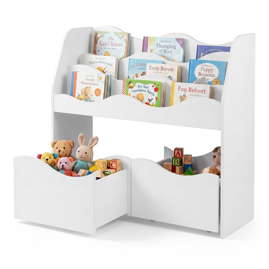 Wooden Montessori Bookshelf with two rolling drawers for kids room and nursery