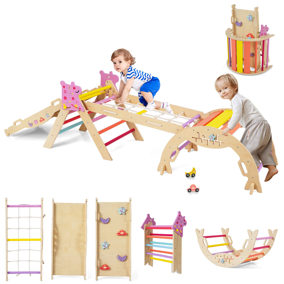 A child climbing on the wooden climbing frame with a small toy car placed on the floor nearby
