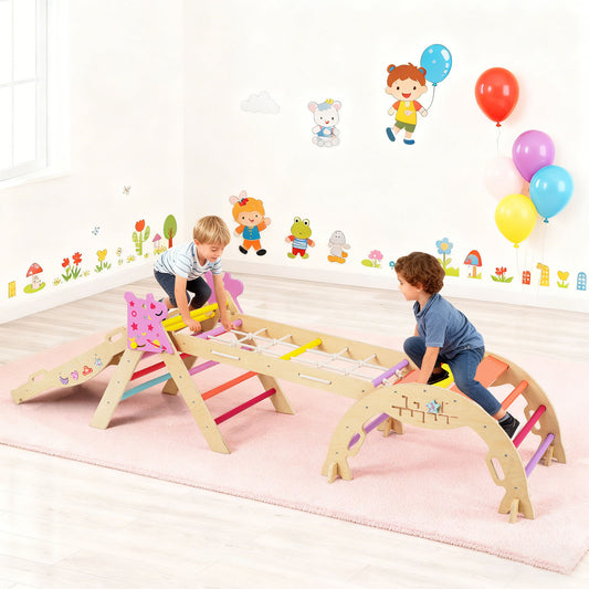Two children playing on the wooden climbing frame in a bright nursery room with wall stickers
