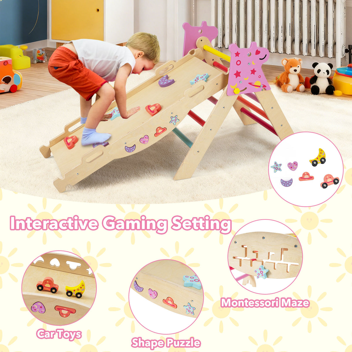 Close up details of the wooden climbing frame showing the maze and small toy car accessories