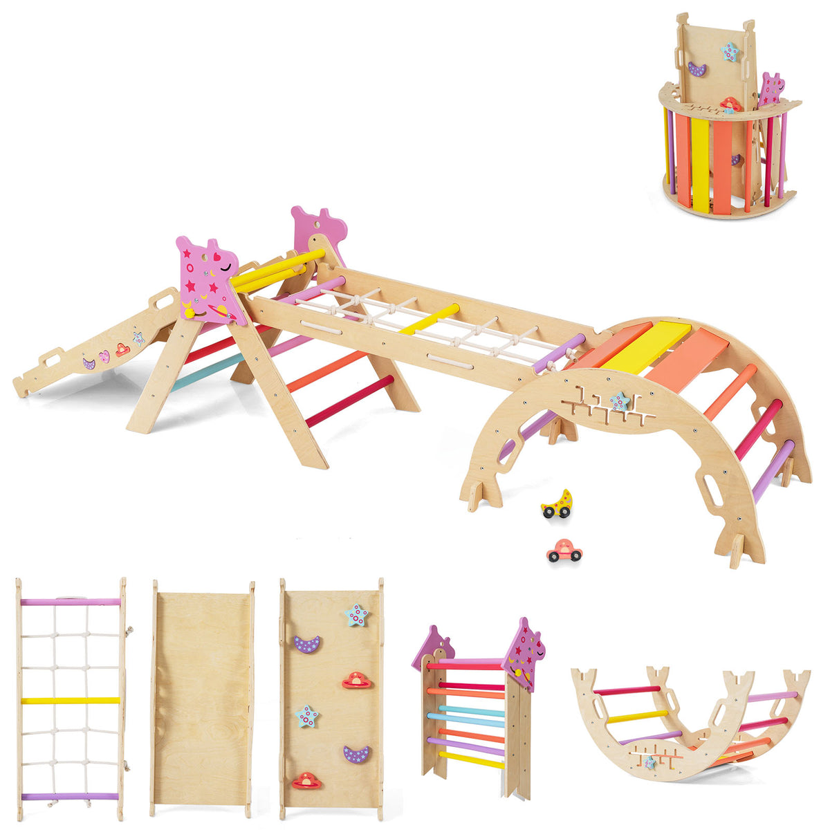 Wooden Montessori Climbing Set with Climbing Rope and Ladder-Colourful shown as a full assembly