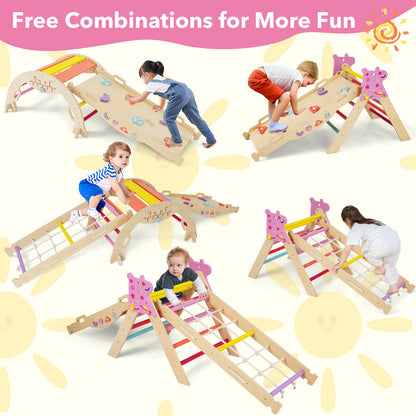 A collage showing children using different parts of the wooden climbing frame in various ways