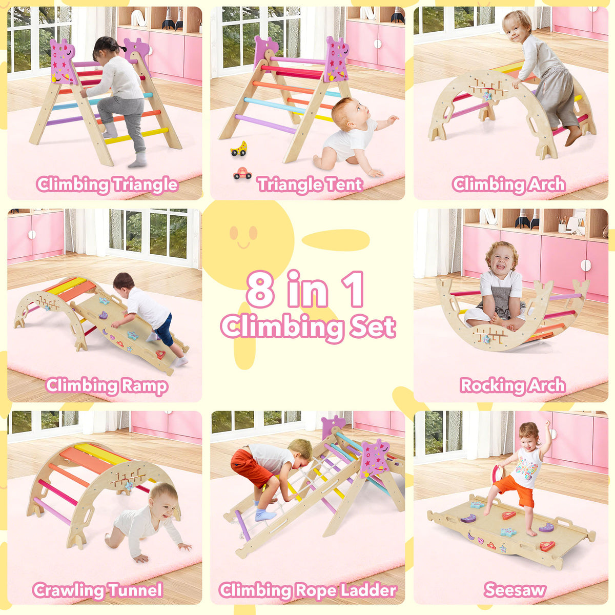 A collage showing eight different ways to arrange the wooden climbing frame for active play