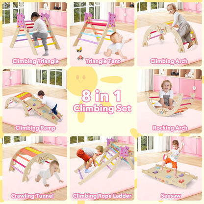 A collage showing eight different ways to arrange the wooden climbing frame for active play
