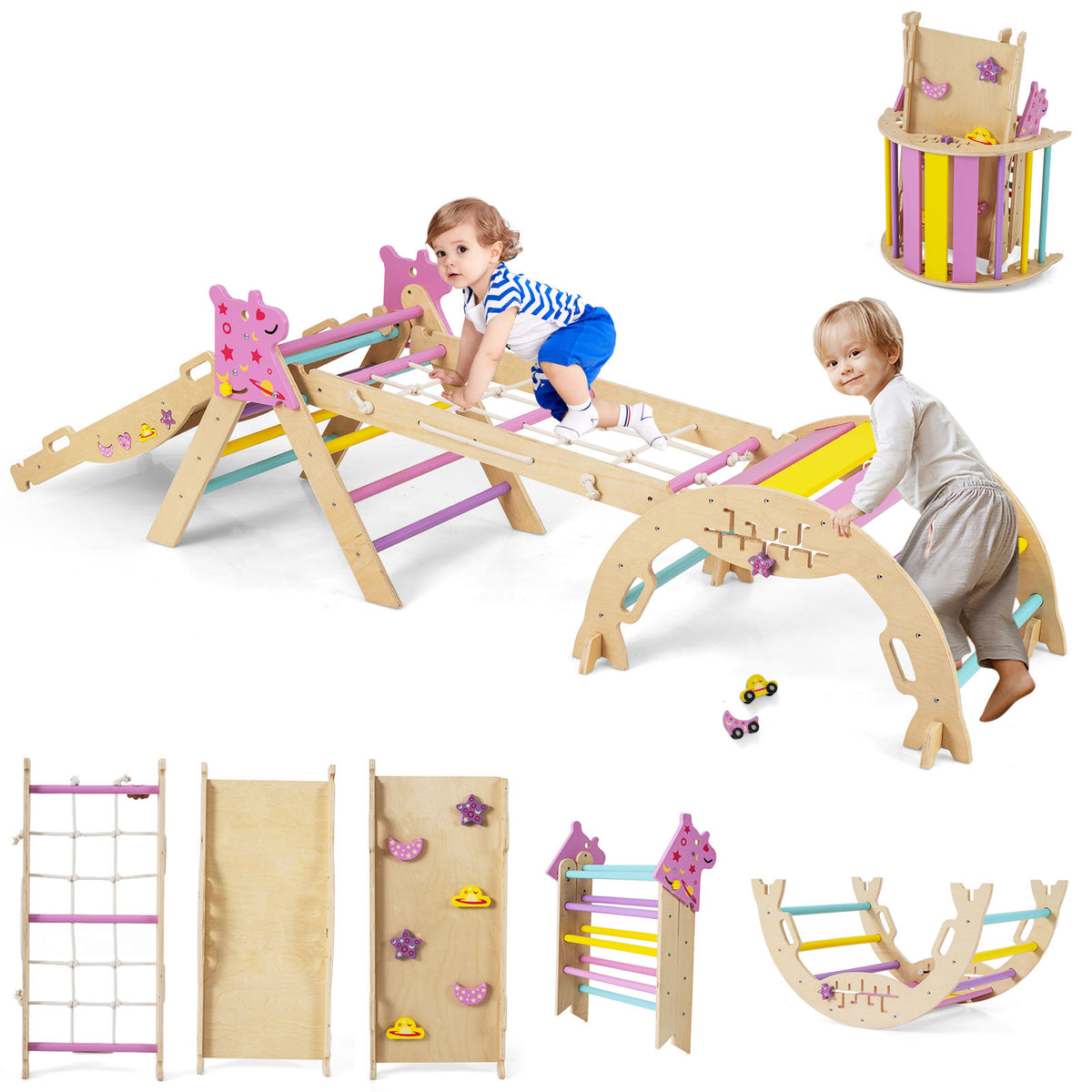 A baby climbing on the wooden climbing set in a nursery