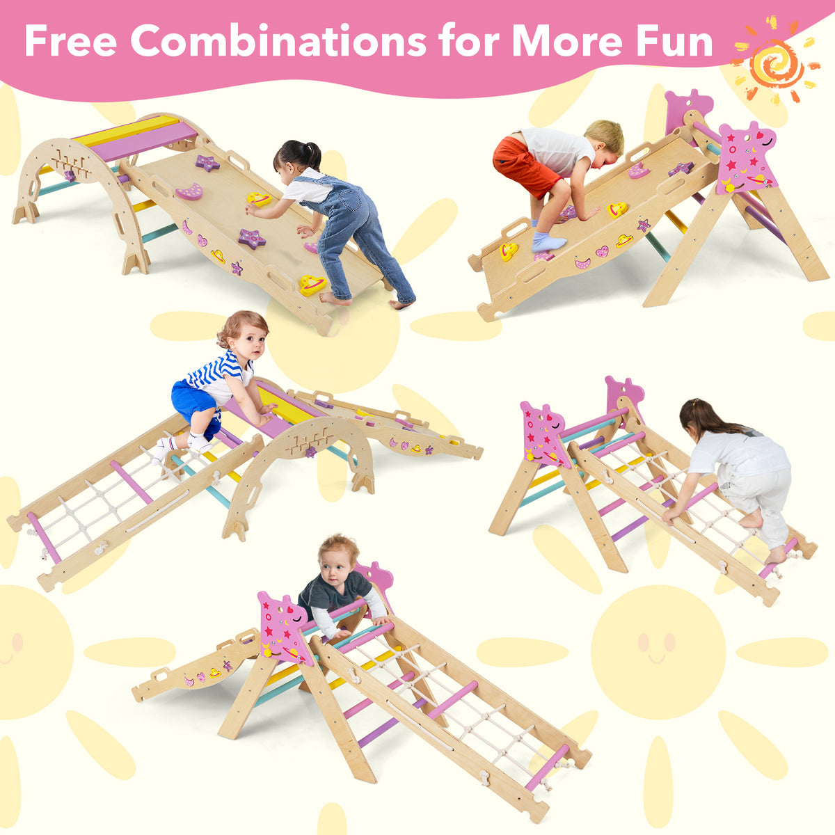 Several combinations of the wooden climbing set shown with children