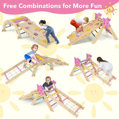 Several combinations of the wooden climbing set shown with children