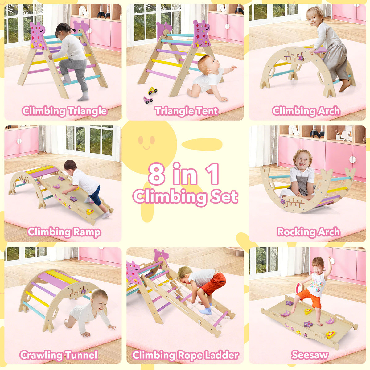 Eight different configurations of the wooden climbing set