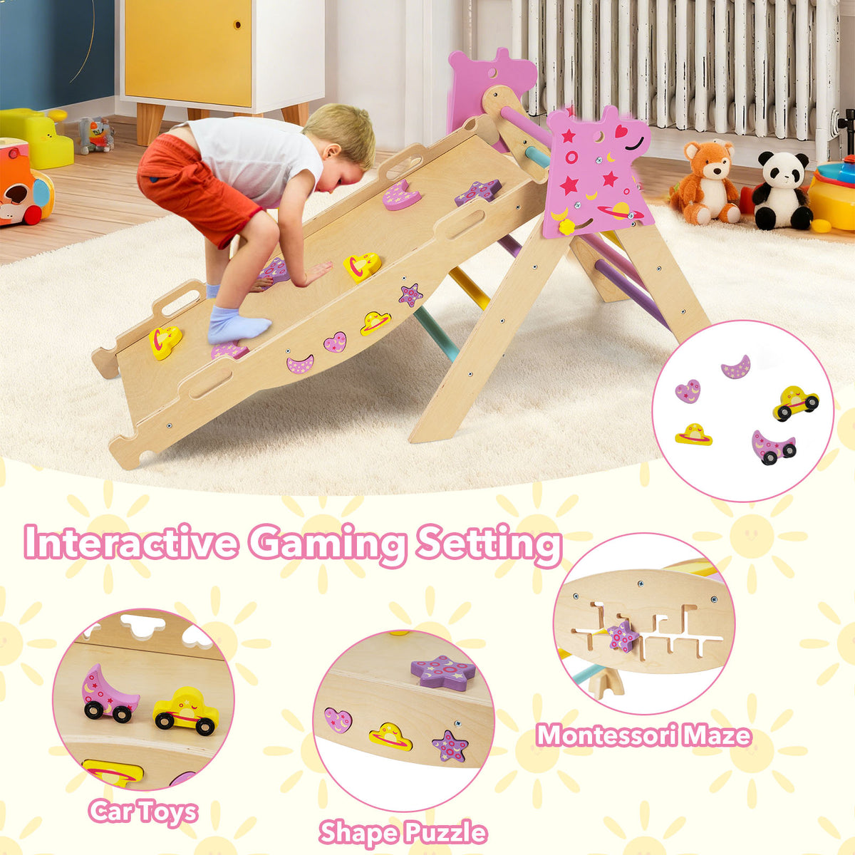 Close-up of the wooden climbing set showing interactive gaming features