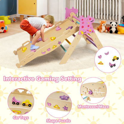 Close-up of the wooden climbing set showing interactive gaming features
