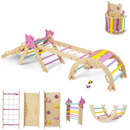 Wooden Montessori Climbing Set with Climbing Rope and Ladder-Macaron assembled in a playroom