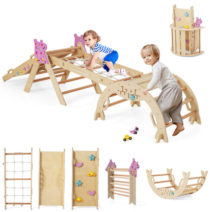 Children climbing and playing on the wooden climbing set with rope and ladder