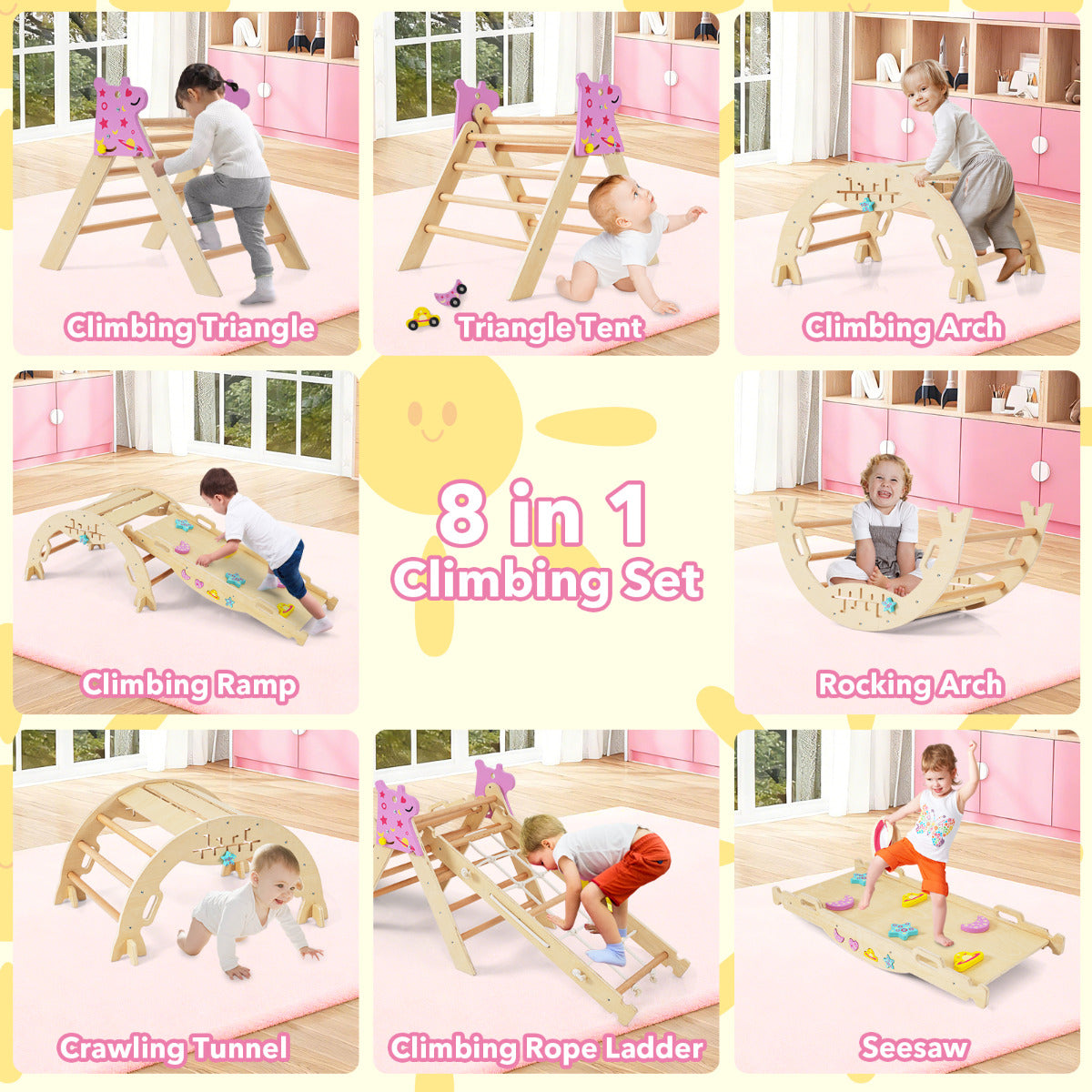 Eight different combinations of the wooden climbing set shown in separate panels