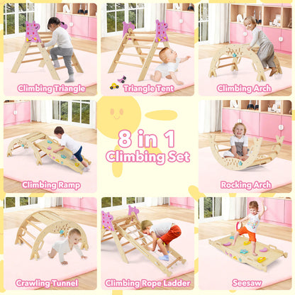 Eight different combinations of the wooden climbing set shown in separate panels