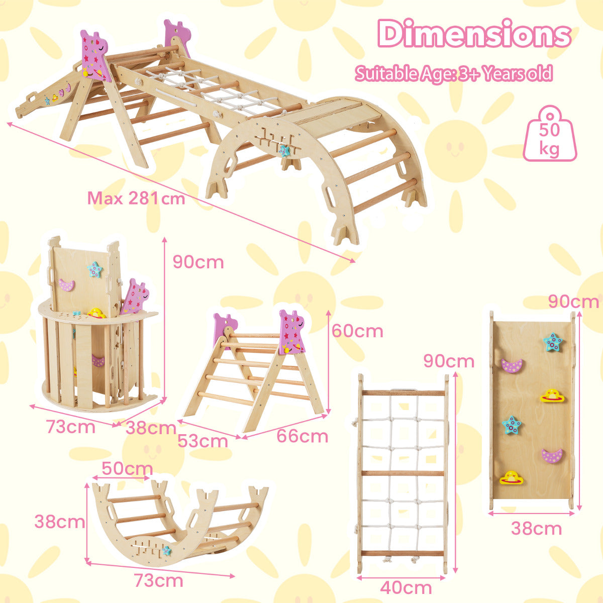 Dimensions diagram for the wooden climbing frame showing maximum width and height