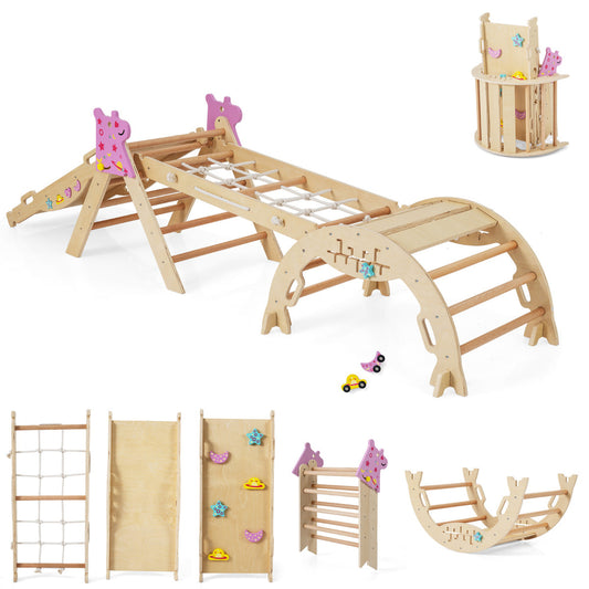 Wooden Montessori Climbing Set with Climbing Rope and Ladder assembled in multiple configurations