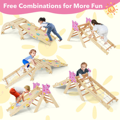 Children enjoying various setups of the wooden climbing frame indoors