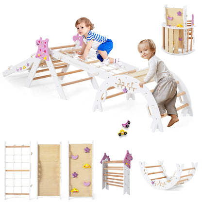 Children climbing and playing on the wooden climbing frame indoors