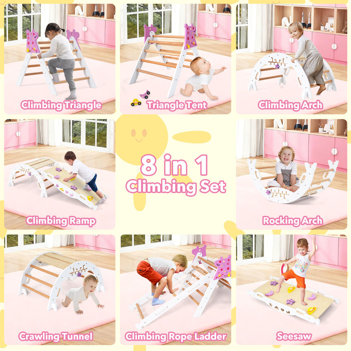 Eight different configurations of the wooden climbing set