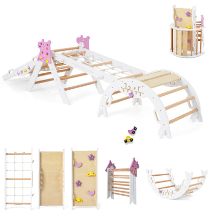 Wooden Montessori Climbing Set with Climbing Rope and Ladder in white with pink accents