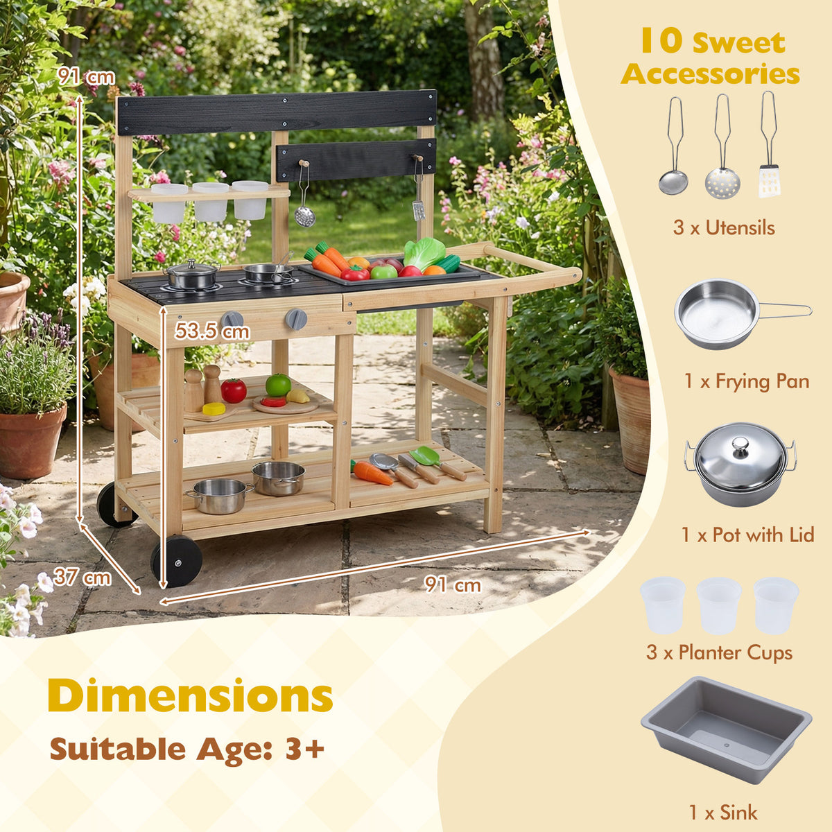 The wooden play kitchen with dimensions and included accessories shown