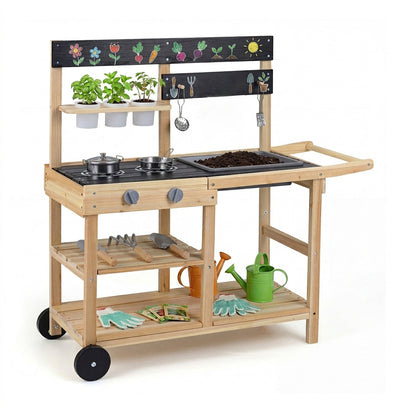 Wooden Mud Kitchen with sink, chalkboard and wheels, showing shelves and accessories
