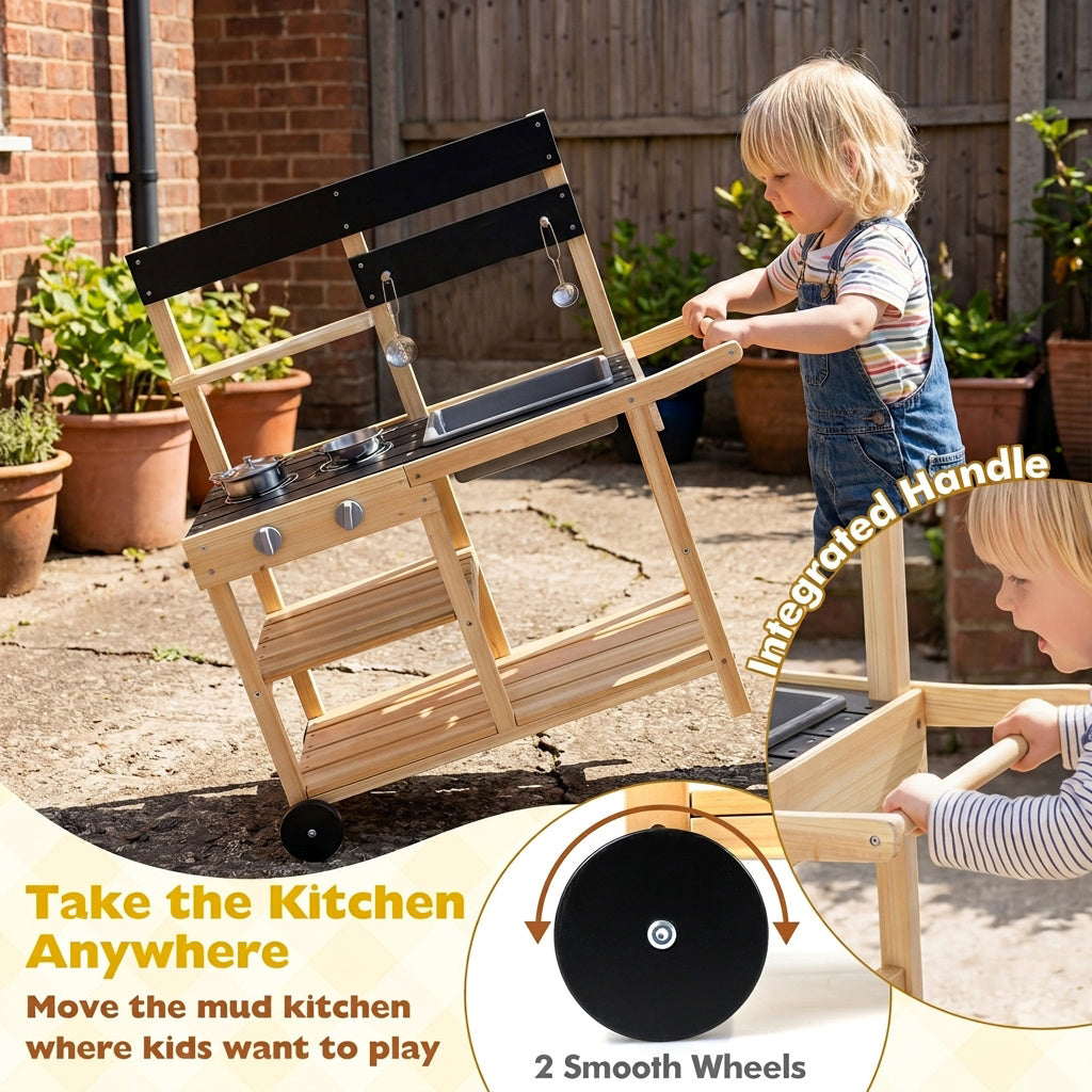 This wooden play kitchen has wheels and an integrated handle for easy movement