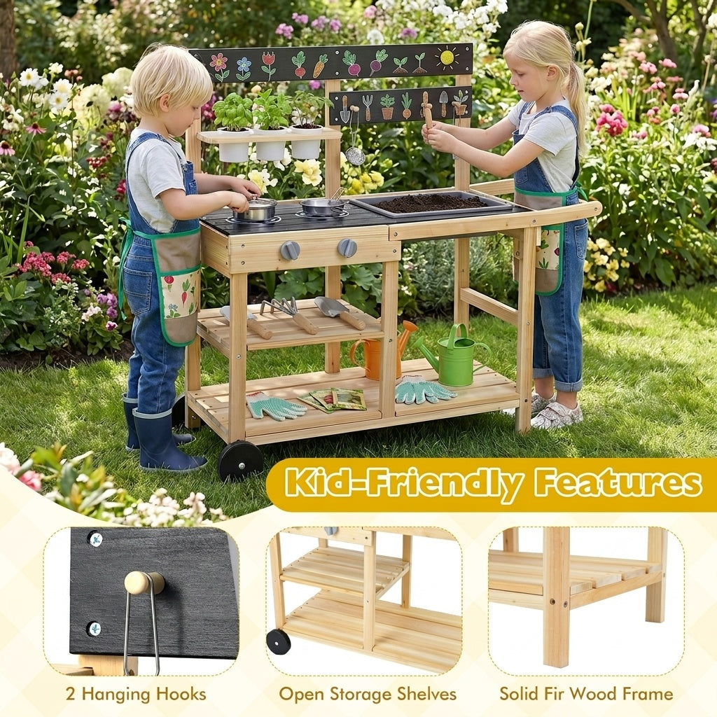 The wooden play kitchen has kid-friendly features like hanging hooks and open shelves