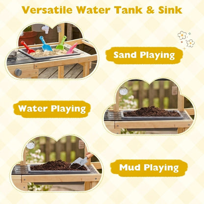 The wooden play kitchen has a versatile water tank and sink for sand, water and mud play