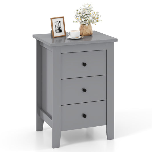 Wooden Nightstand with 3 Drawers and Stable Structure, a grey three-drawer bedside table with black knobs
