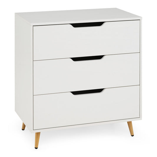 Wooden Nightstand with three drawers and light wood legs on a plain white background