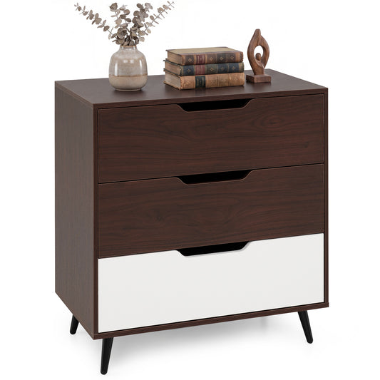 Wooden Nightstand with three drawers shown against a plain white background