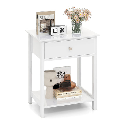 Wooden Nightstand with Drawer and Storage Shelf, a white bedside table with one drawer and an open shelf below